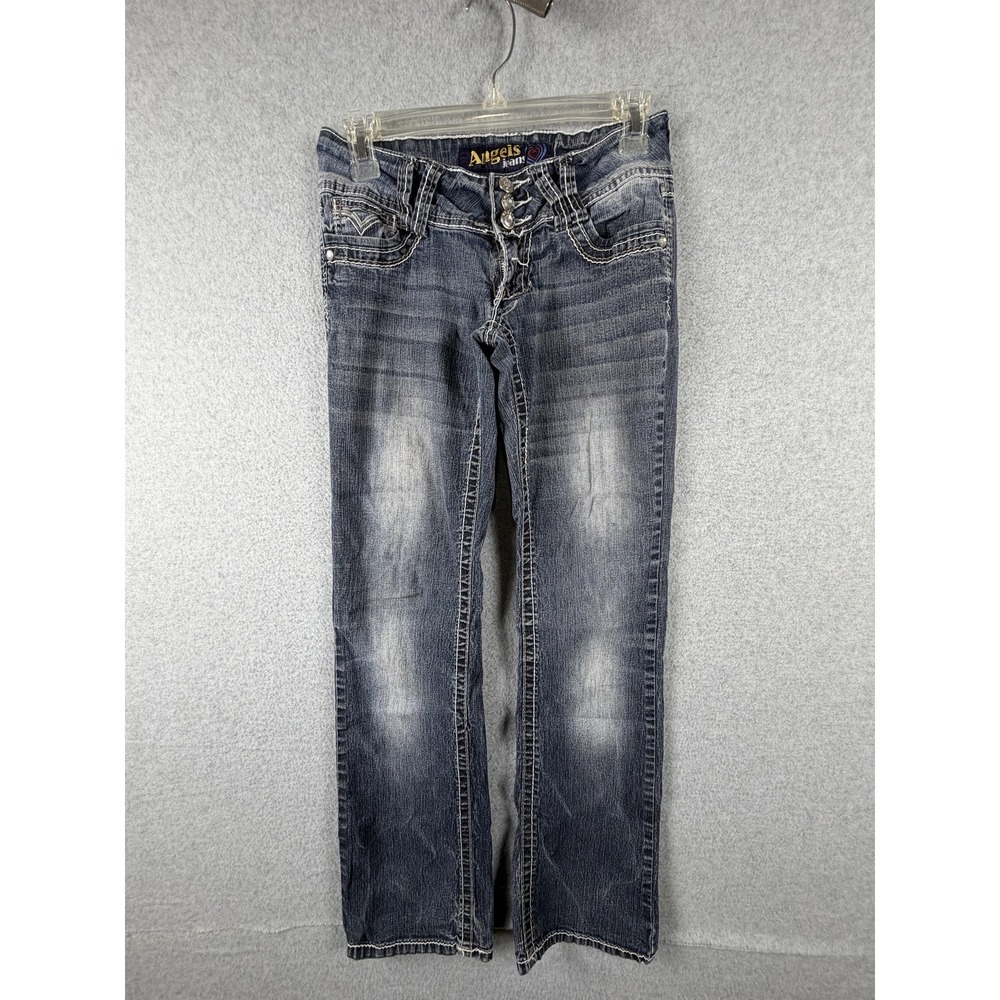 Angels Jeans Womens 3 Medium Wash Straight Leg Distressed‎ Stretch Juniors